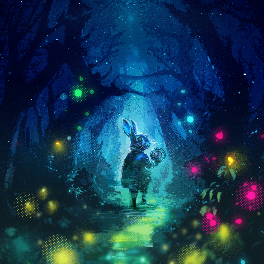 Picture of a white rabbit holding a watch walking through an illuminated forest